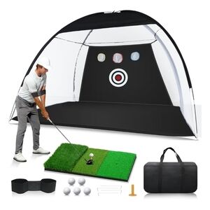 Portable Black Golf Practice Net with Target and Hitting Mat